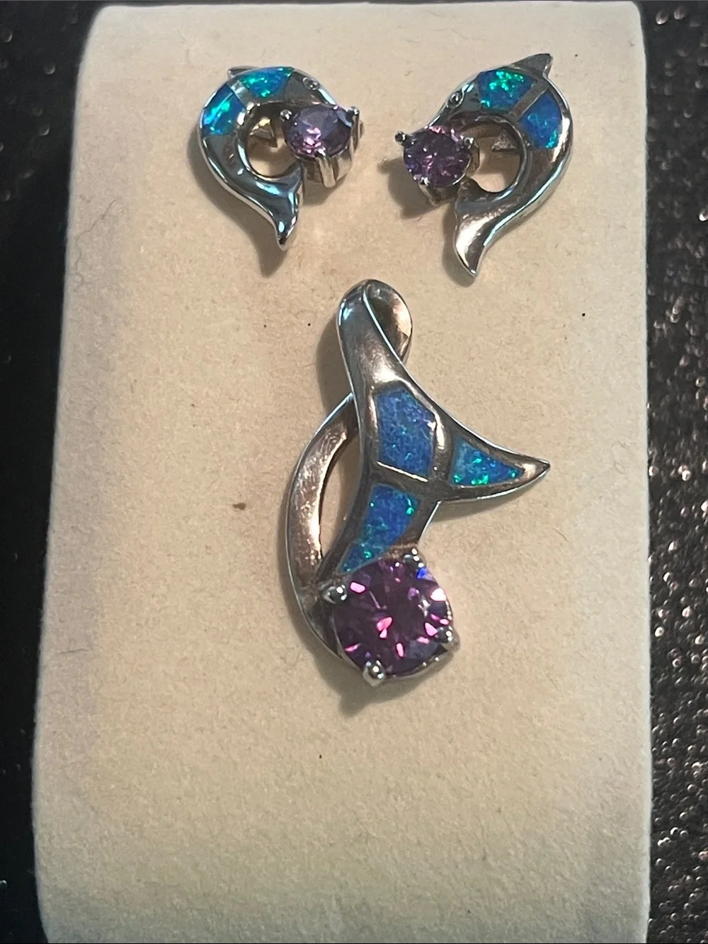 Sterling Silver Blue Opal and Purple Crystal dolphin Pendant & Earring Set